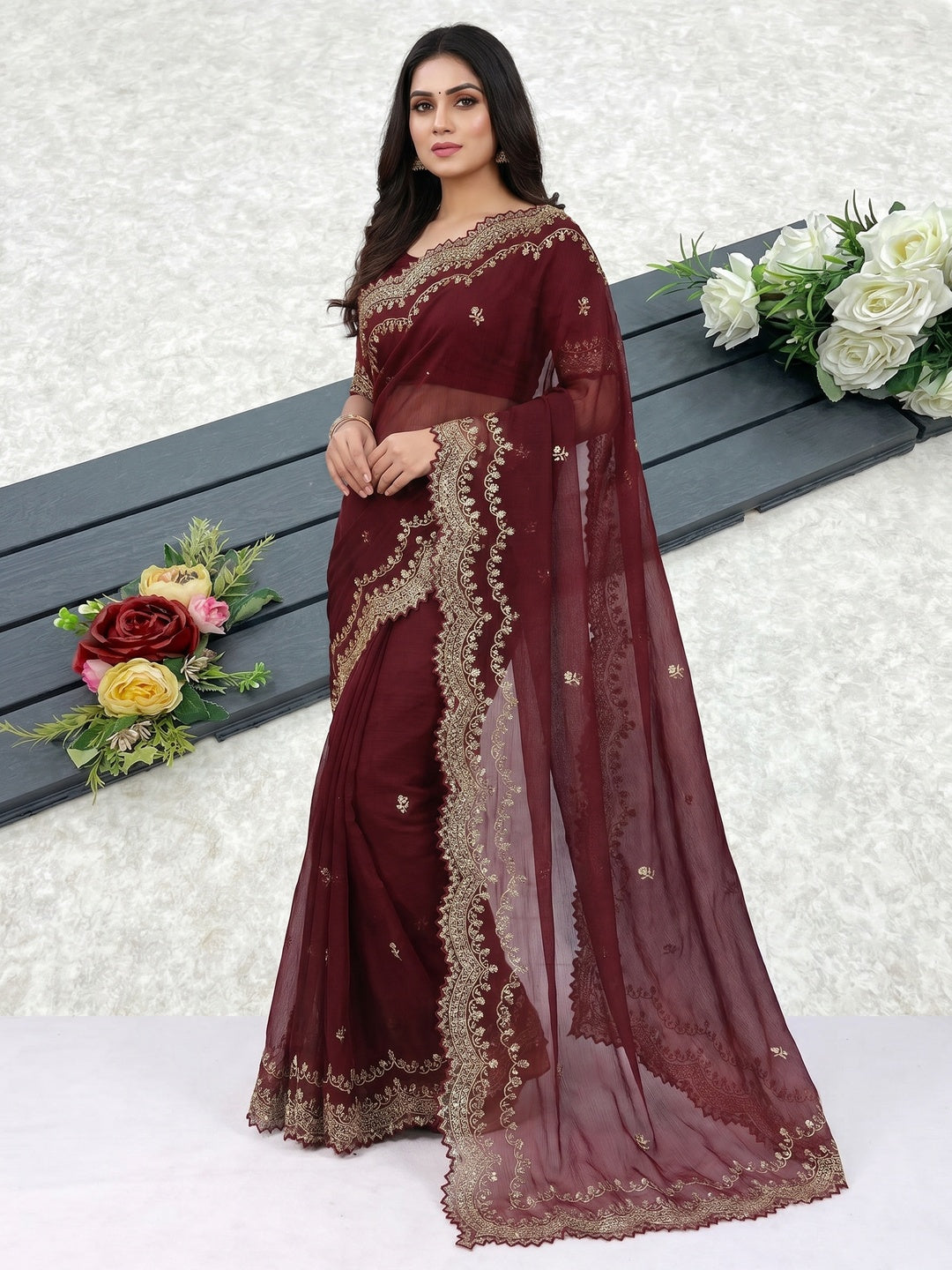 Maroon Embroidered Chiffon Saree - Image 1
