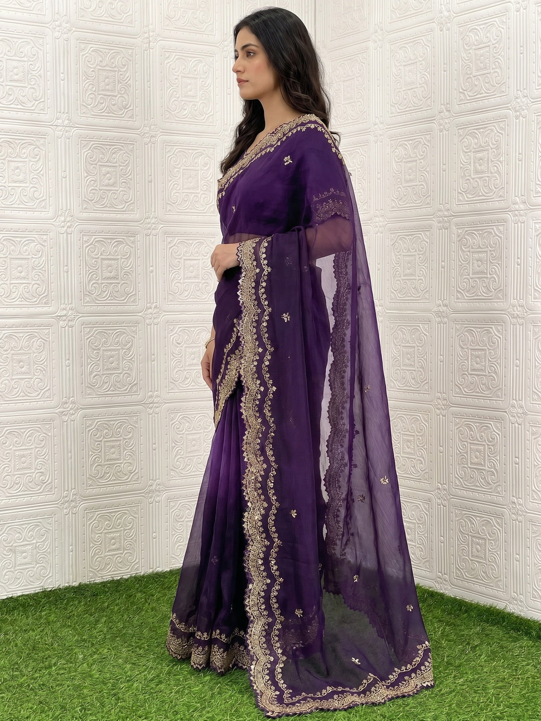 Purple Embroidered Chiffon Saree - Image 2