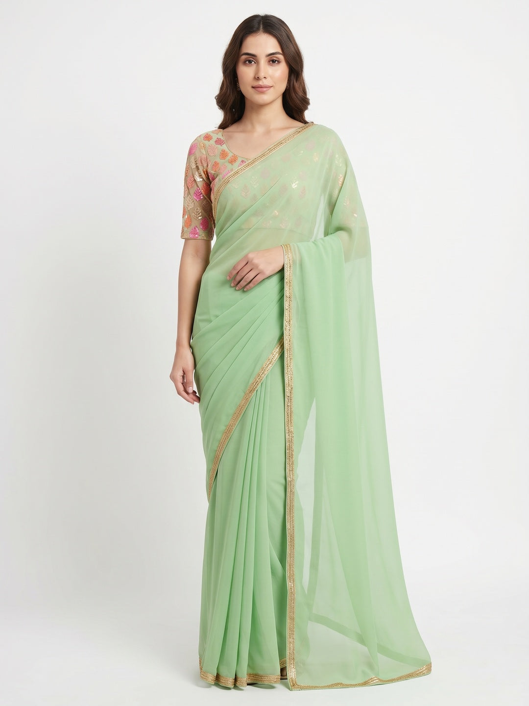 Green Solid Chiffon Saree - Image 1