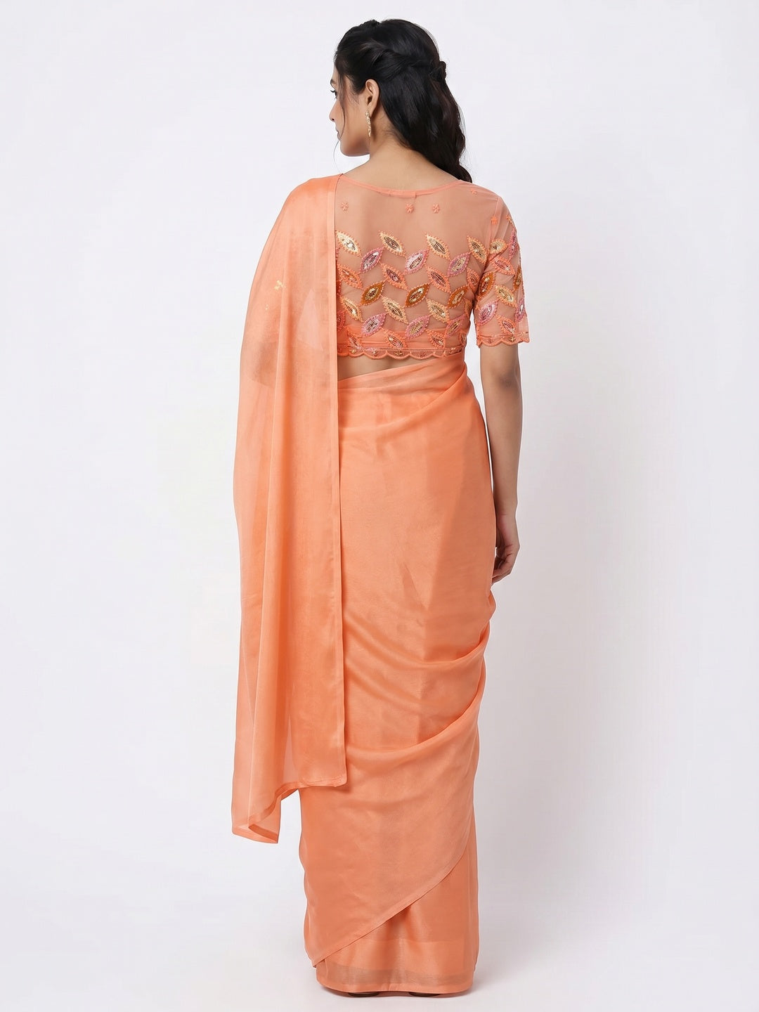 Orange Solid Chiffon Saree - Image 3