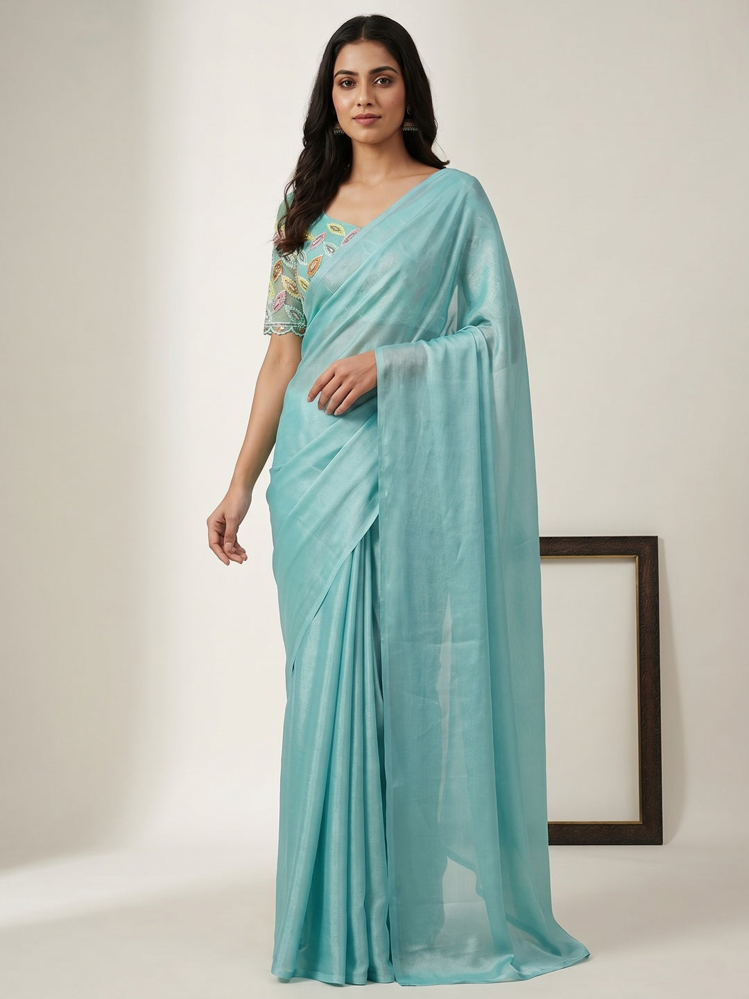 Aqua Blue Solid Chiffon Saree - Image 1