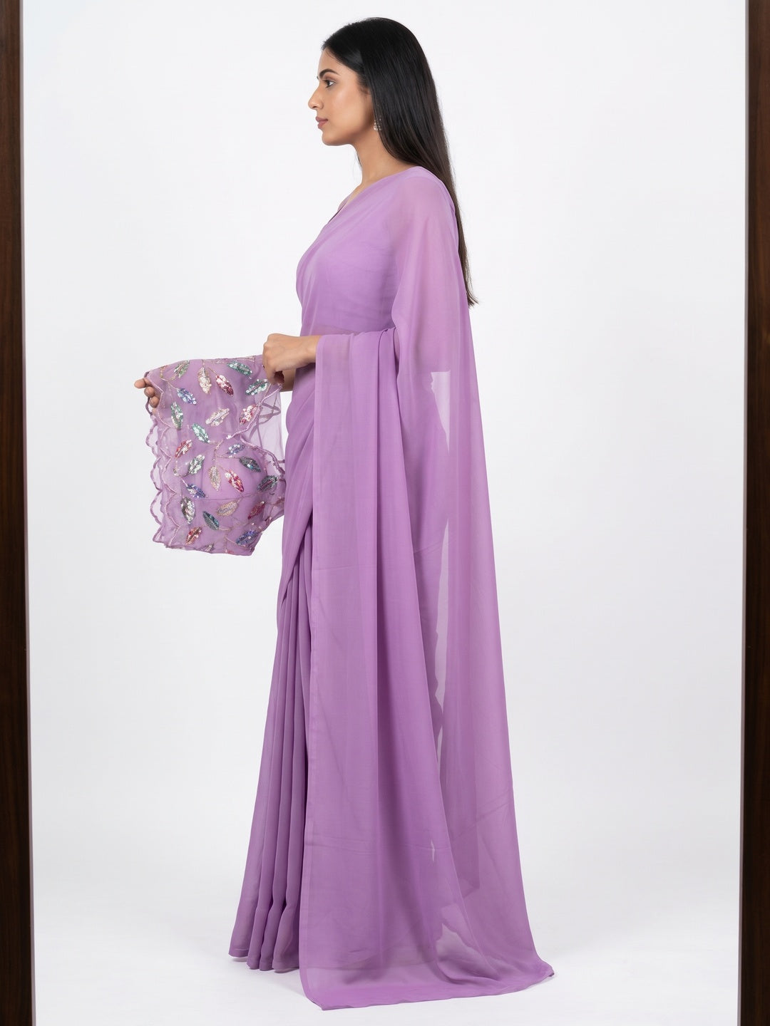 Lavender Solid Chiffon Saree - Image 4
