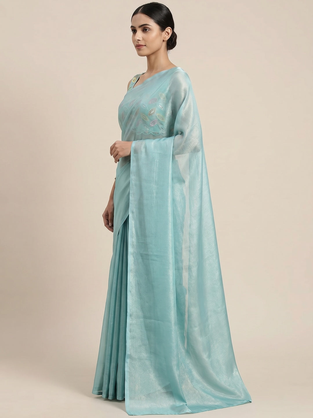 Aqua Blue Solid Chiffon Saree - Image 2