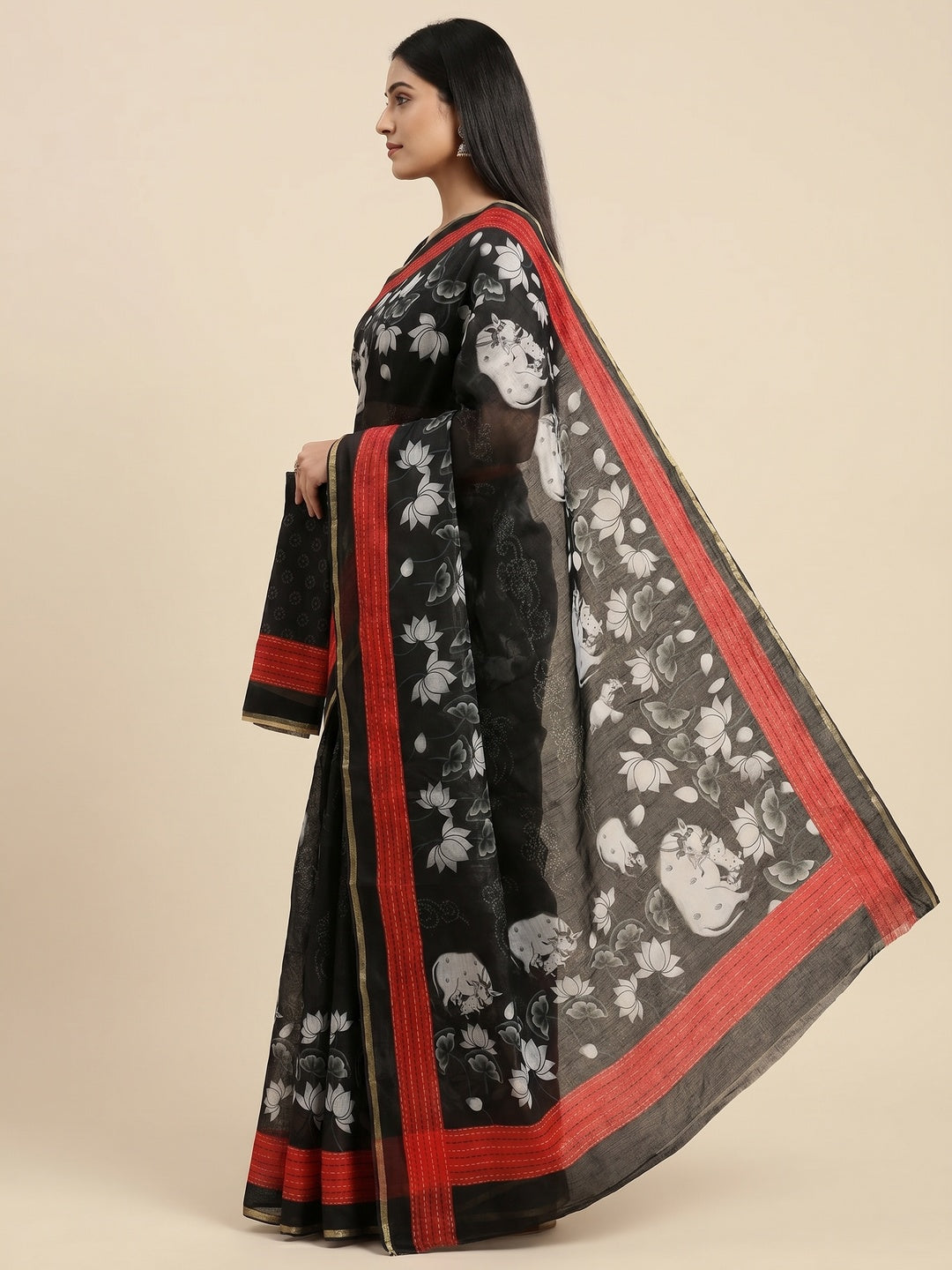 Black & Red Printed Chanderi Saree - Image 2