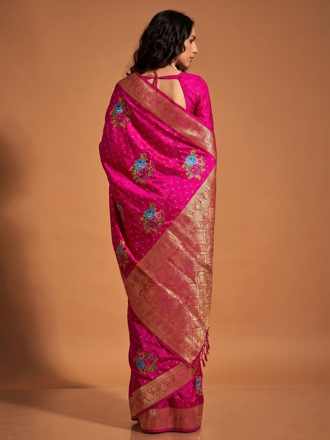 Pink Floral Woven Satin Saree With Tassels - Image 1
