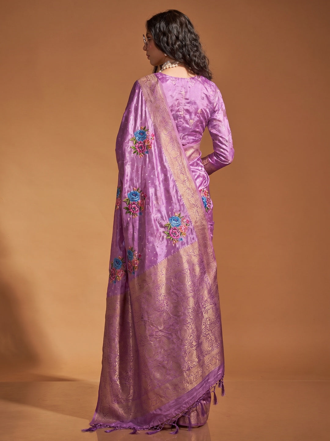 Purple Floral Woven Satin Saree With Tassels - Image 1