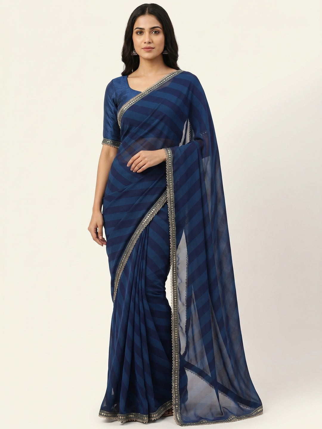 Blue Printed Georgette Saree With Lace Border - Image 1