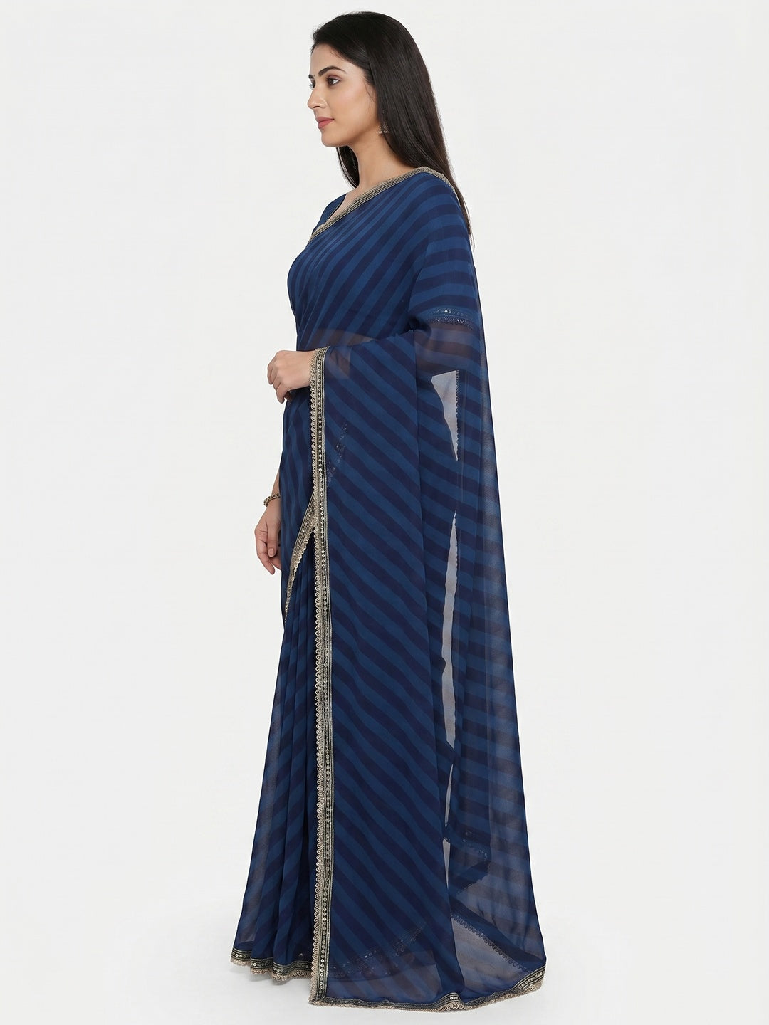 Blue Printed Georgette Saree With Lace Border - Image 2