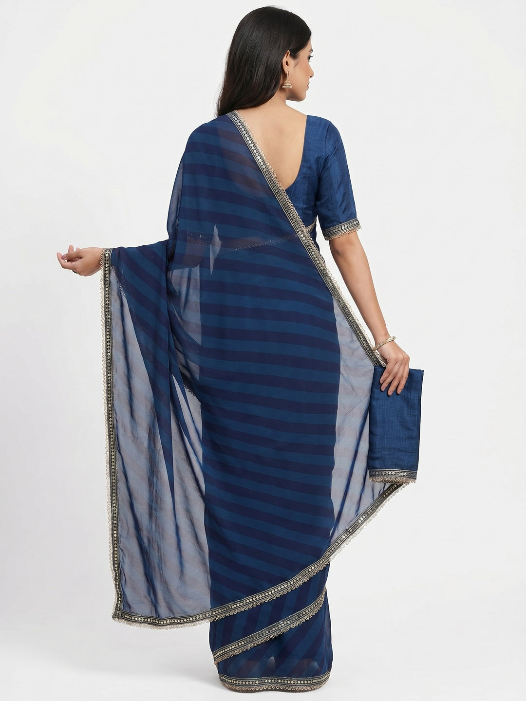 Blue Printed Georgette Saree With Lace Border - Image 3