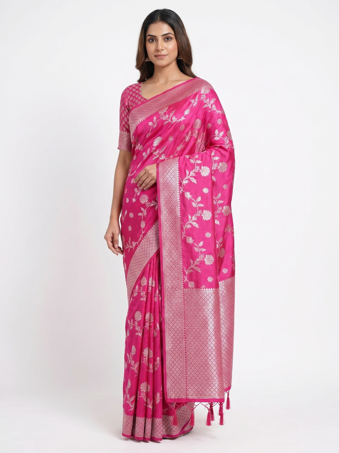 Rani Pink Floral Woven Dola Silk Saree With Tassels - Image 1