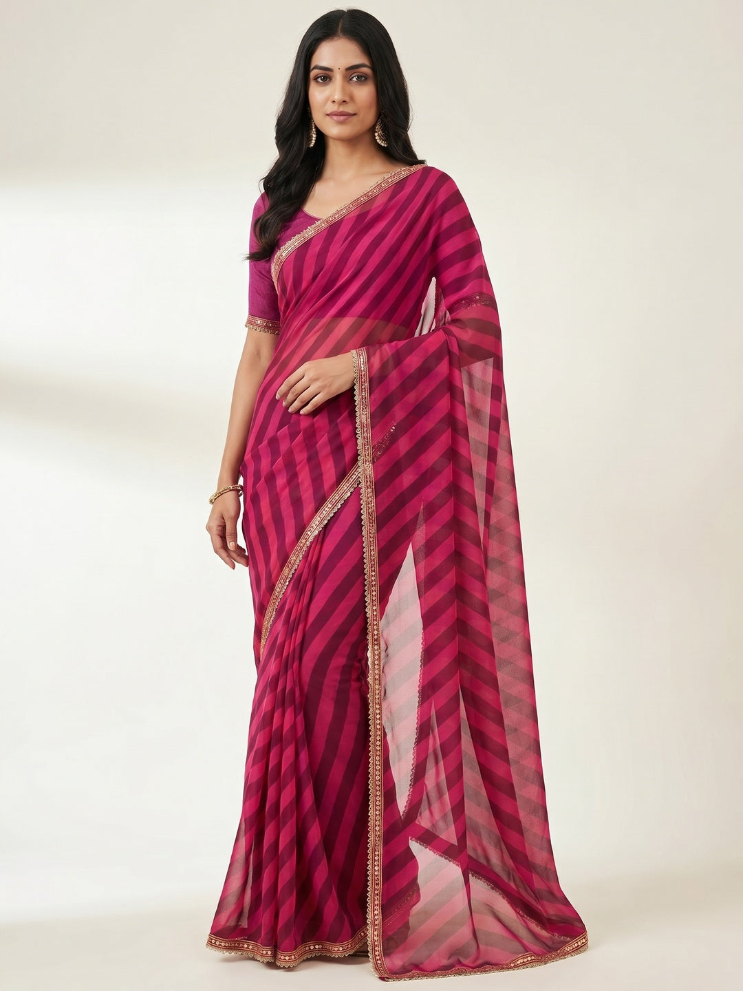 Pink Printed Georgette Saree With Lace Border - Image 1