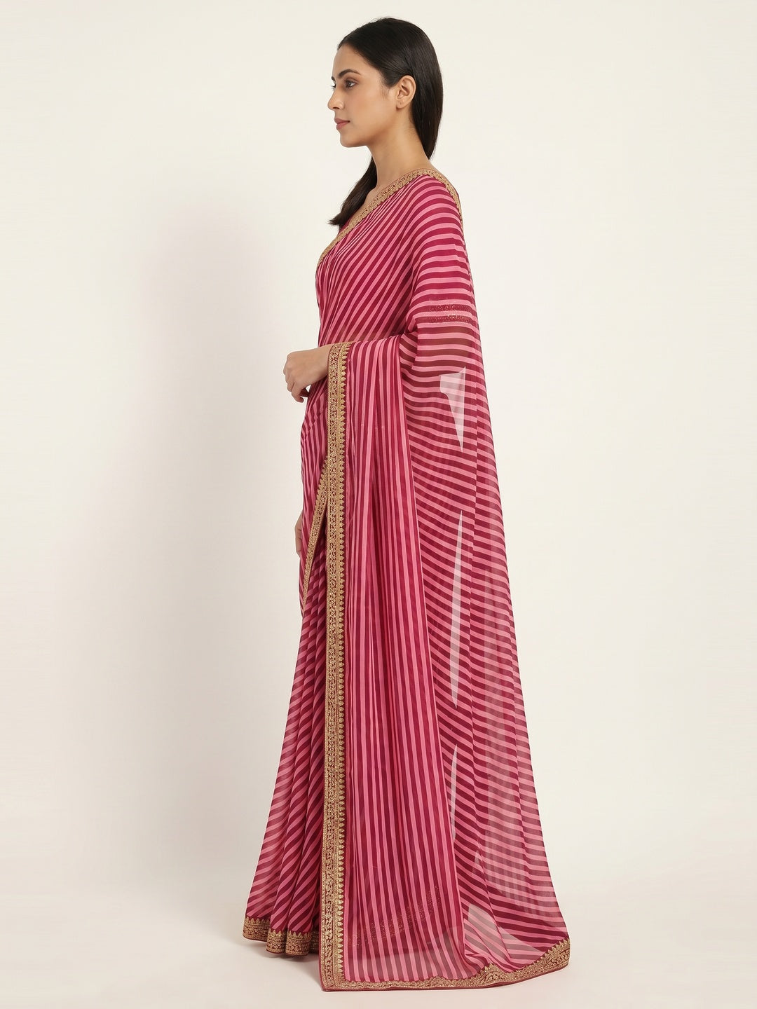 Pink Printed Georgette Saree With Lace Border - Image 3