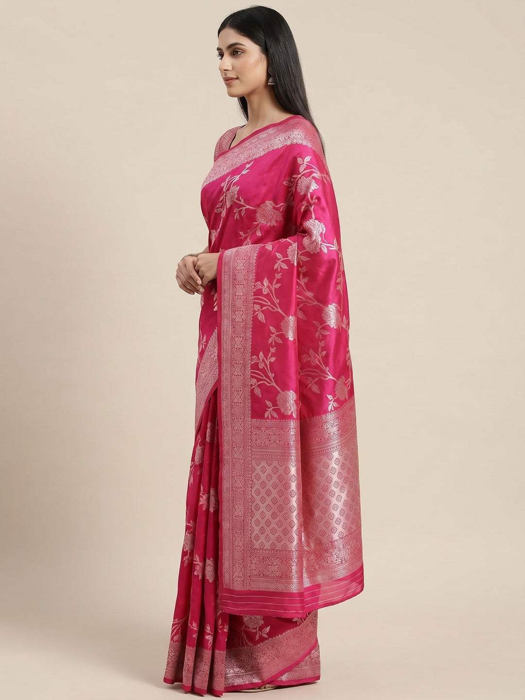 Rani Pink Floral Woven Dola Silk Saree With Tassels - Image 2
