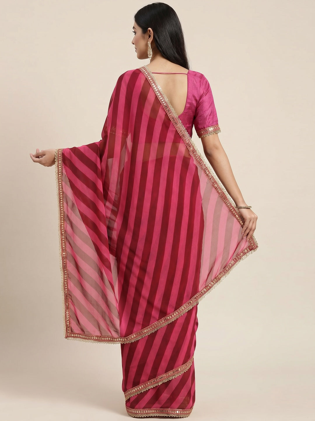 Pink Printed Georgette Saree With Lace Border - Image 2