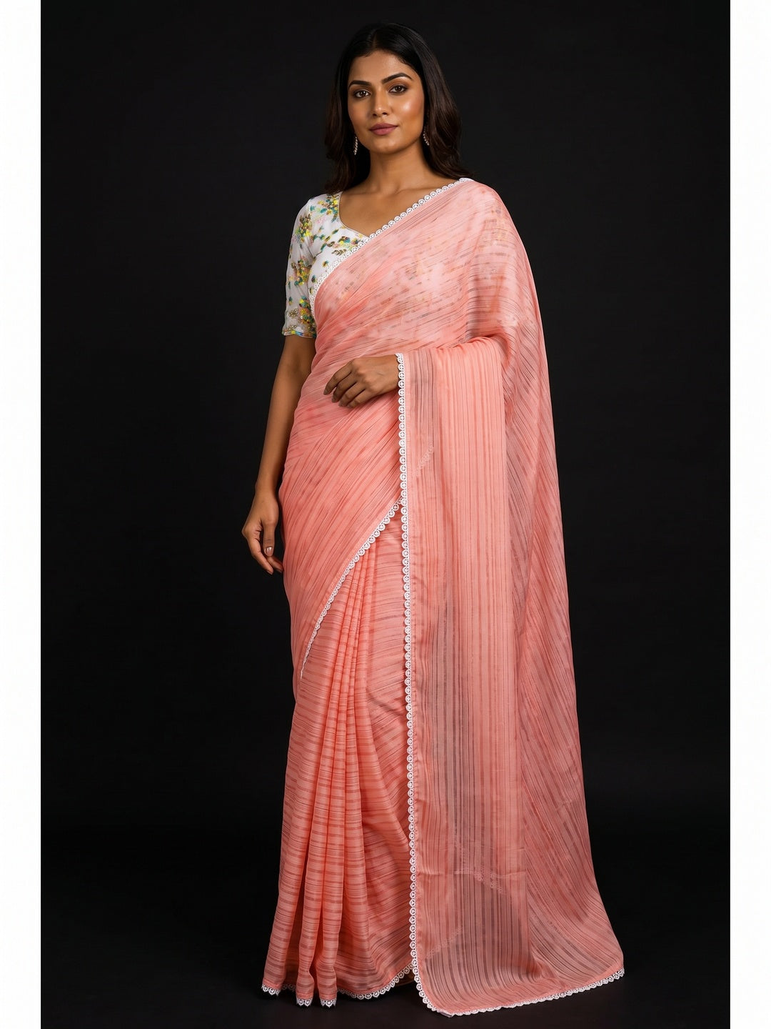Peach Solid Woven Saree With Lace Border - Image 1