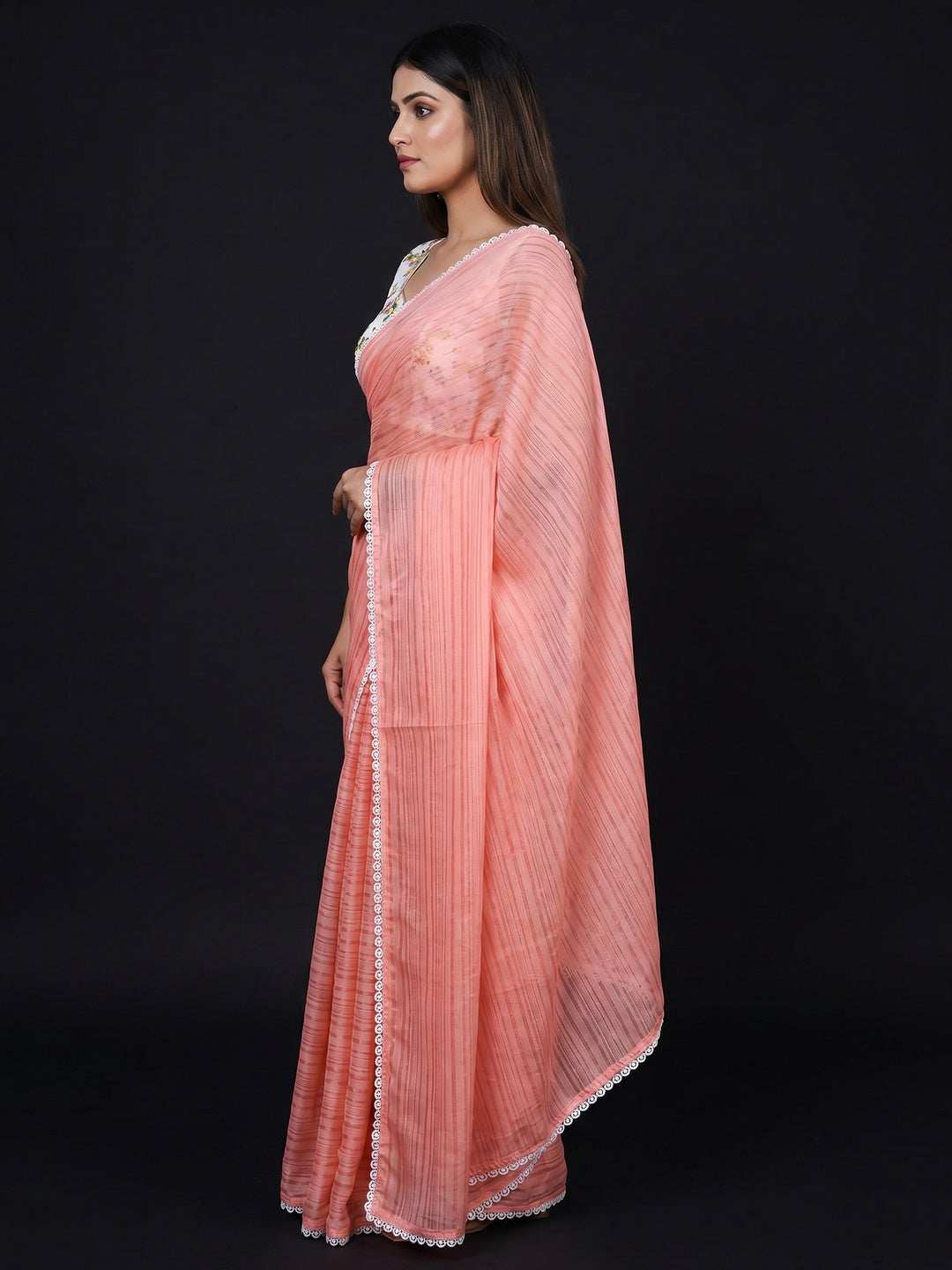 Peach Solid Woven Saree With Lace Border - Image 2