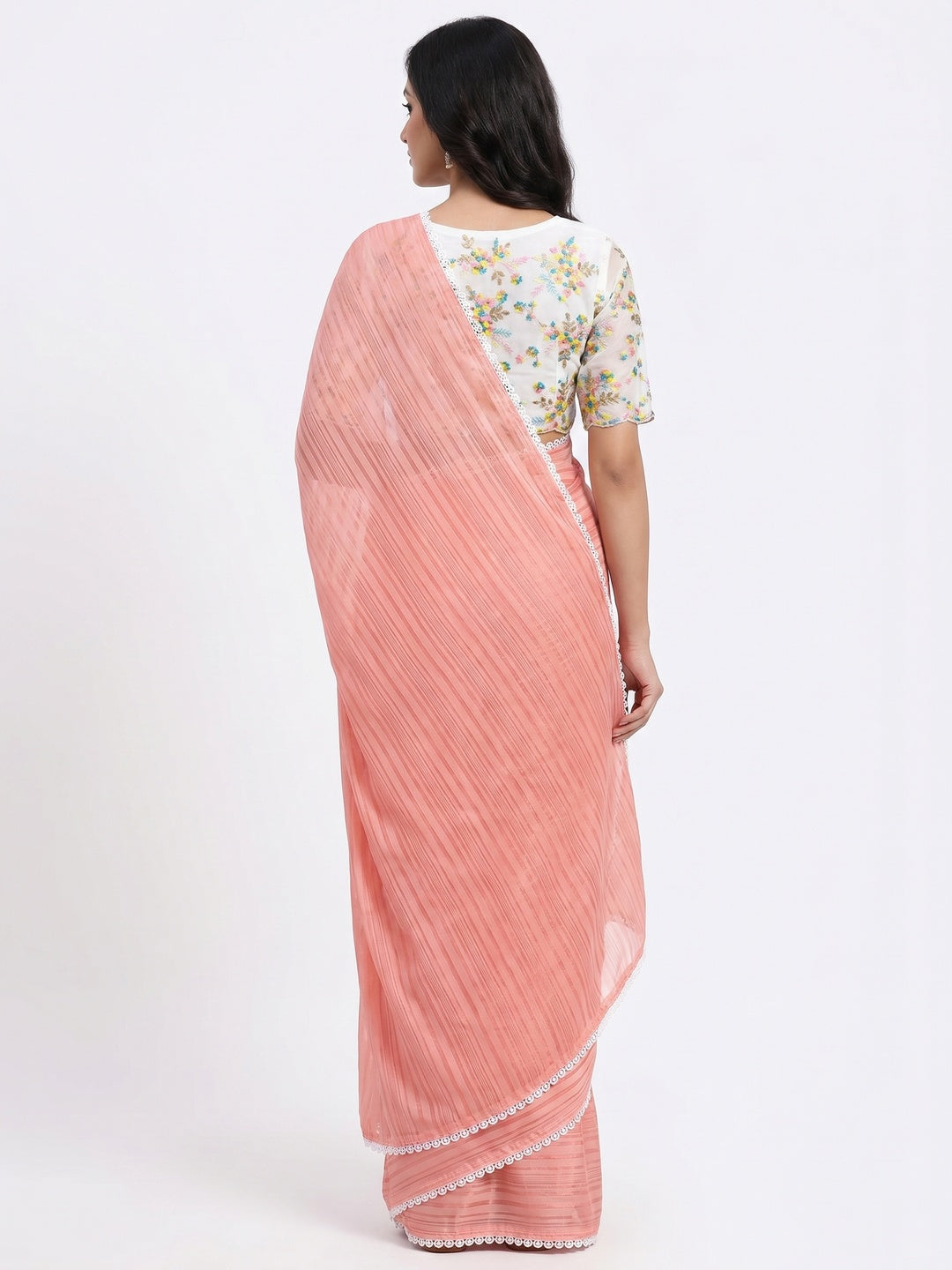 Peach Solid Woven Saree With Lace Border - Image 3