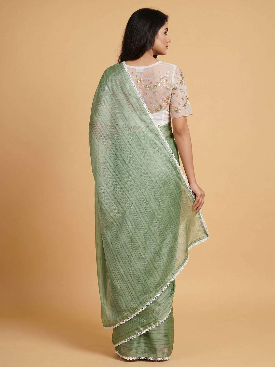 Green Solid Woven Chiffon Saree With Lace Border - Image 2
