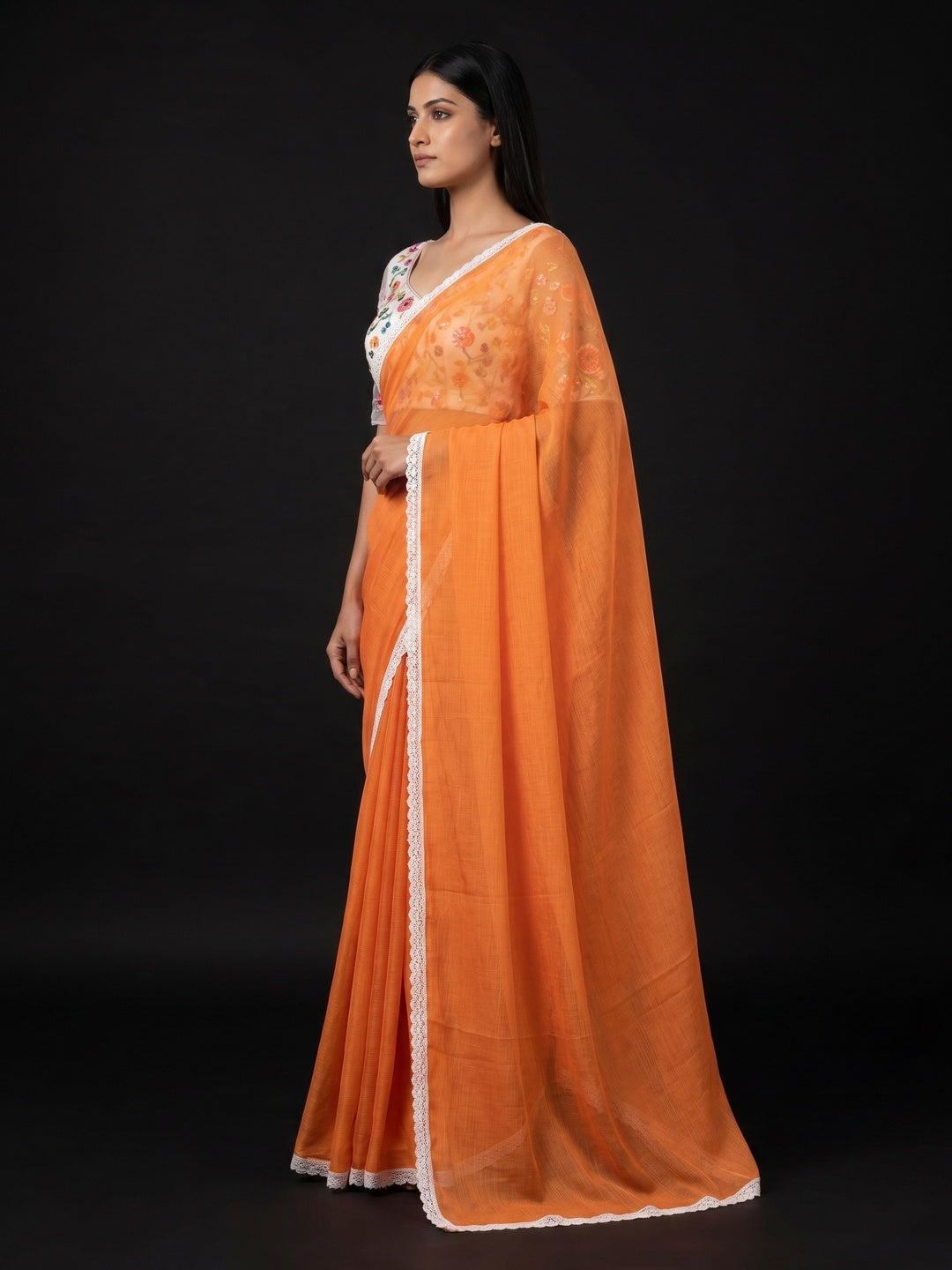 Orange Solid Woven Chiffon Saree With Lace Border - Image 2
