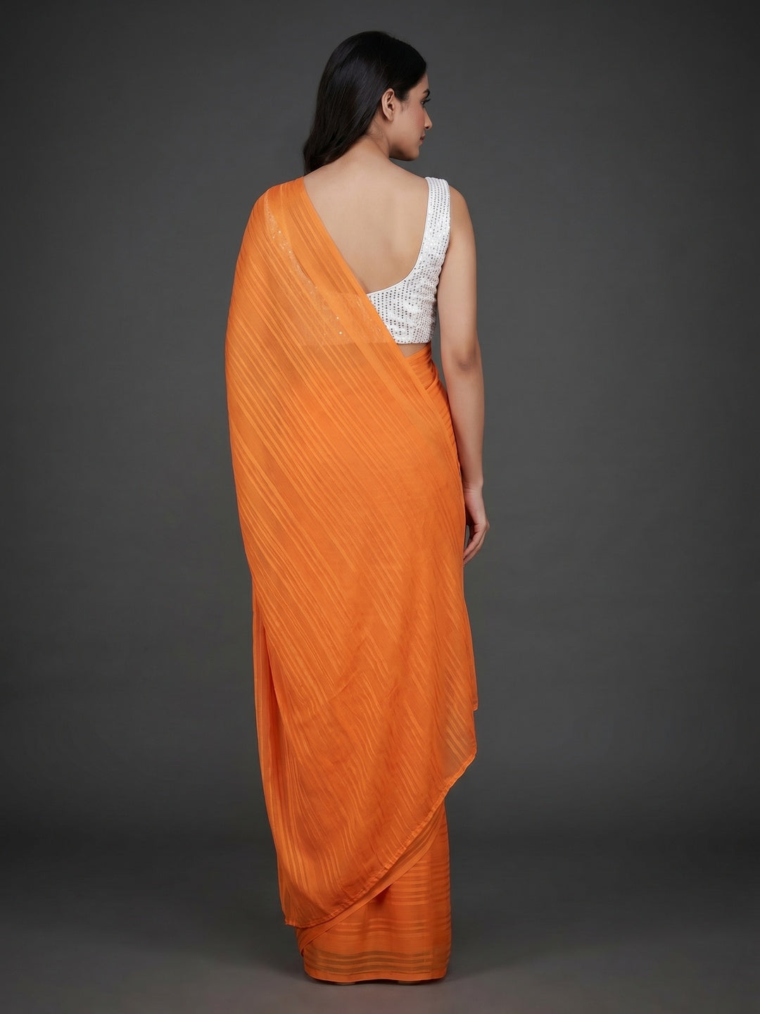 Orange Solid Woven Chiffon Saree With Lace Border - Image 3