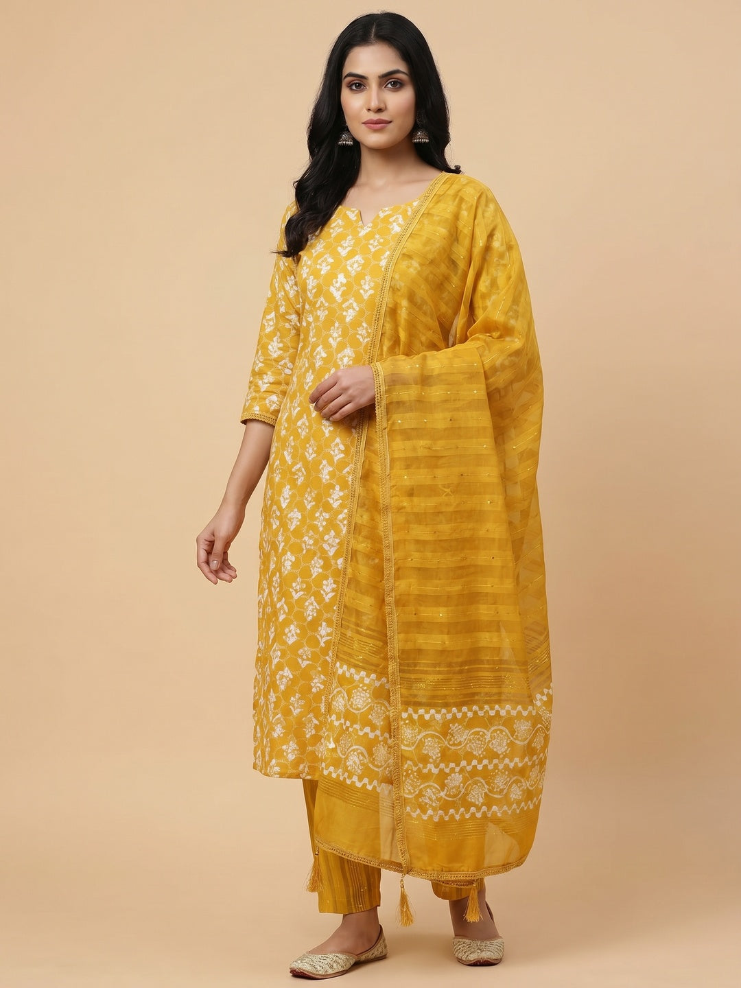 Mustard Floral Printed Pure Cotton Dress Material - Image 1