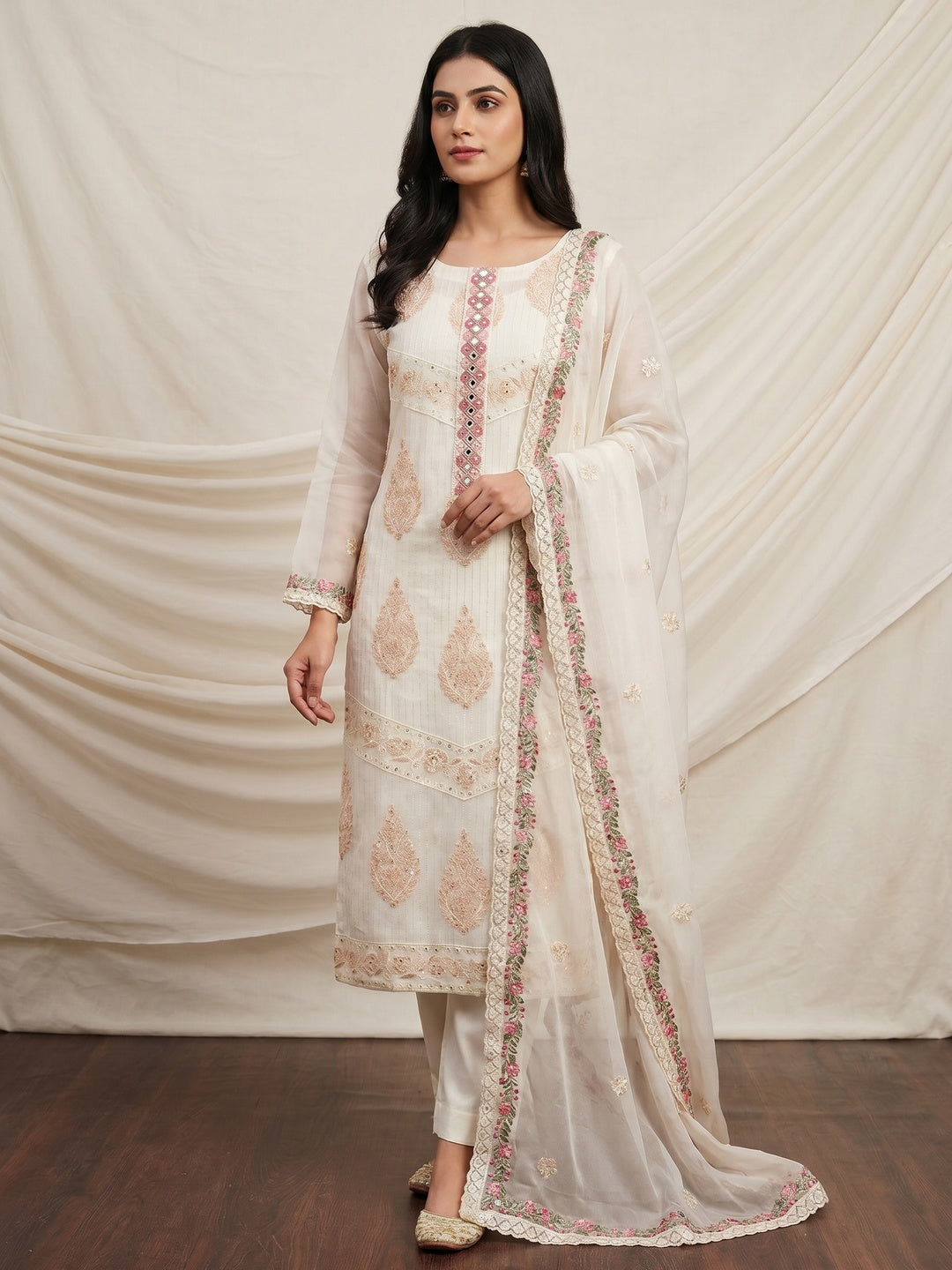 Offwhite Floral Sequins Embroidered Organza Dress Material - Image 1