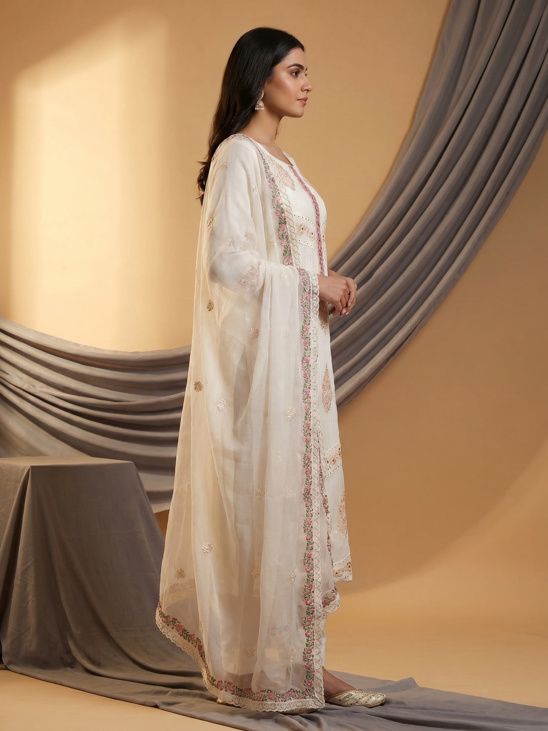Offwhite Floral Sequins Embroidered Organza Dress Material - Image 2