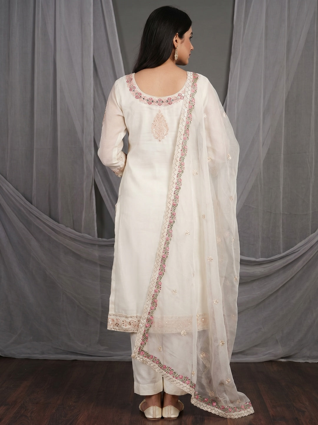 Offwhite Floral Sequins Embroidered Organza Dress Material - Image 3
