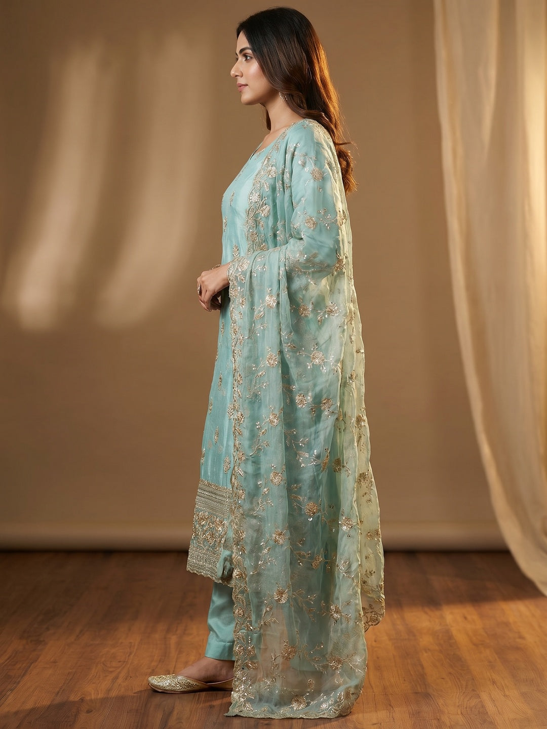 Turquoise Floral Sequins Embroidered With Stonework Organza Dress Material - Image 2