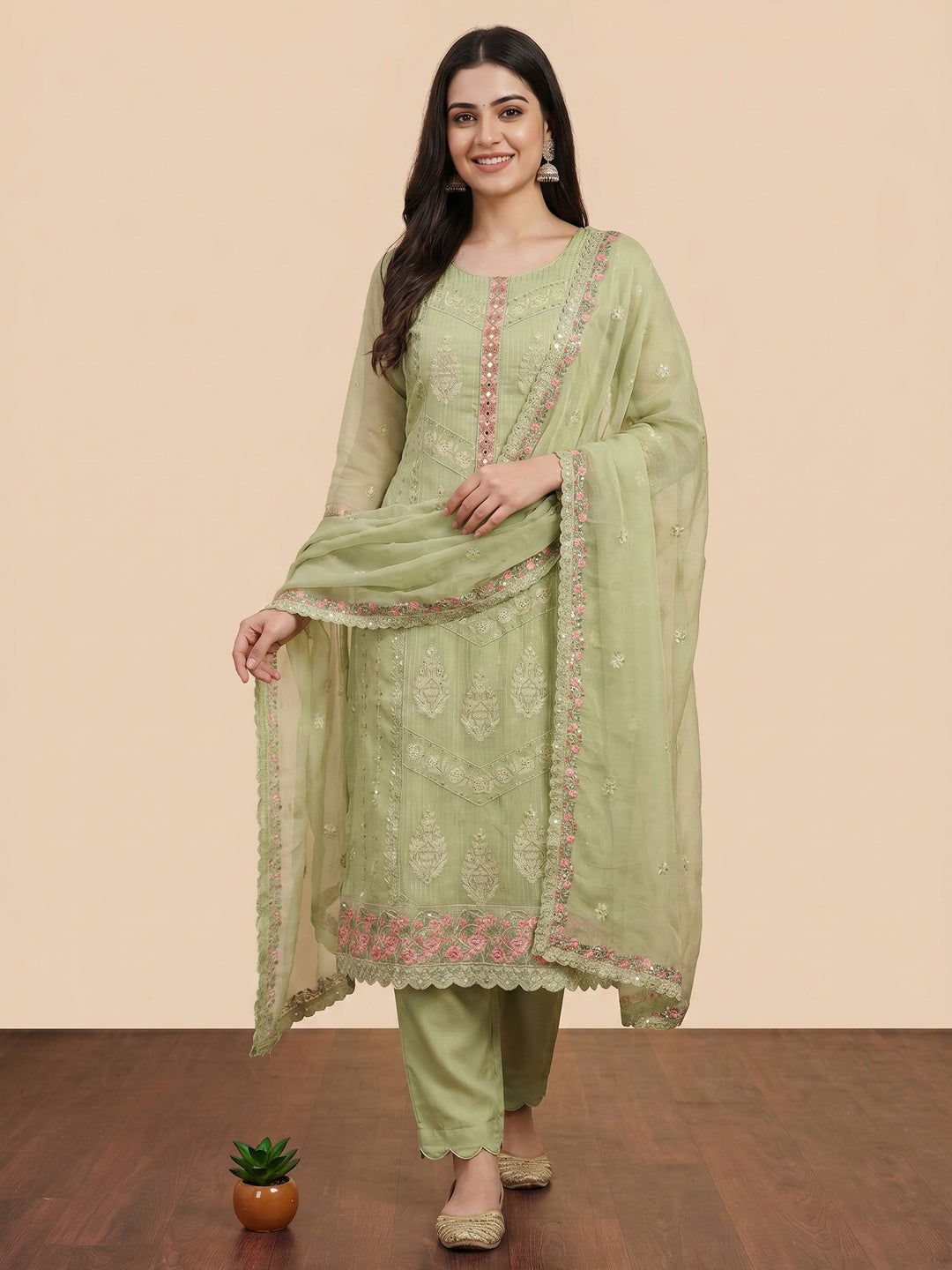 Green Floral Sequins Embroidered Organza Dress Material - Image 1