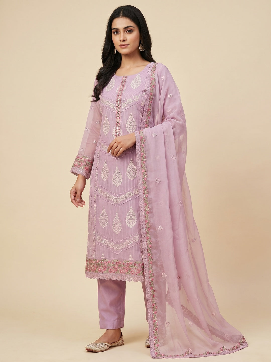 Light Purple Floral Sequins Embroidered Organza Dress Material - Image 1