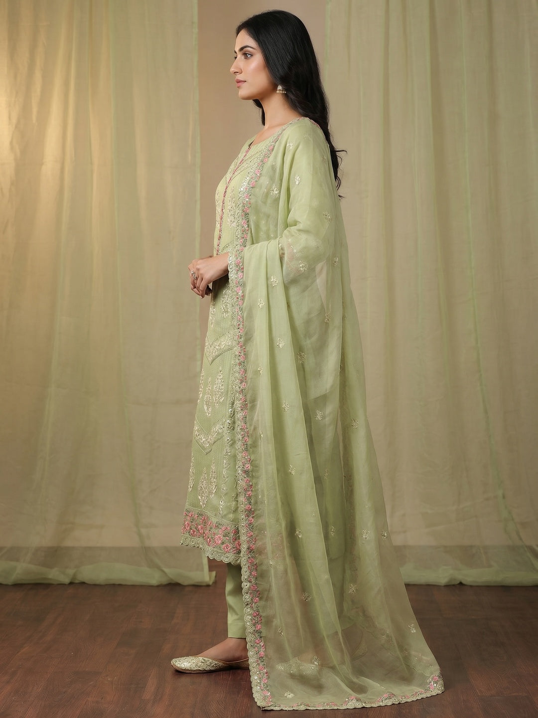 Green Floral Sequins Embroidered Organza Dress Material - Image 2