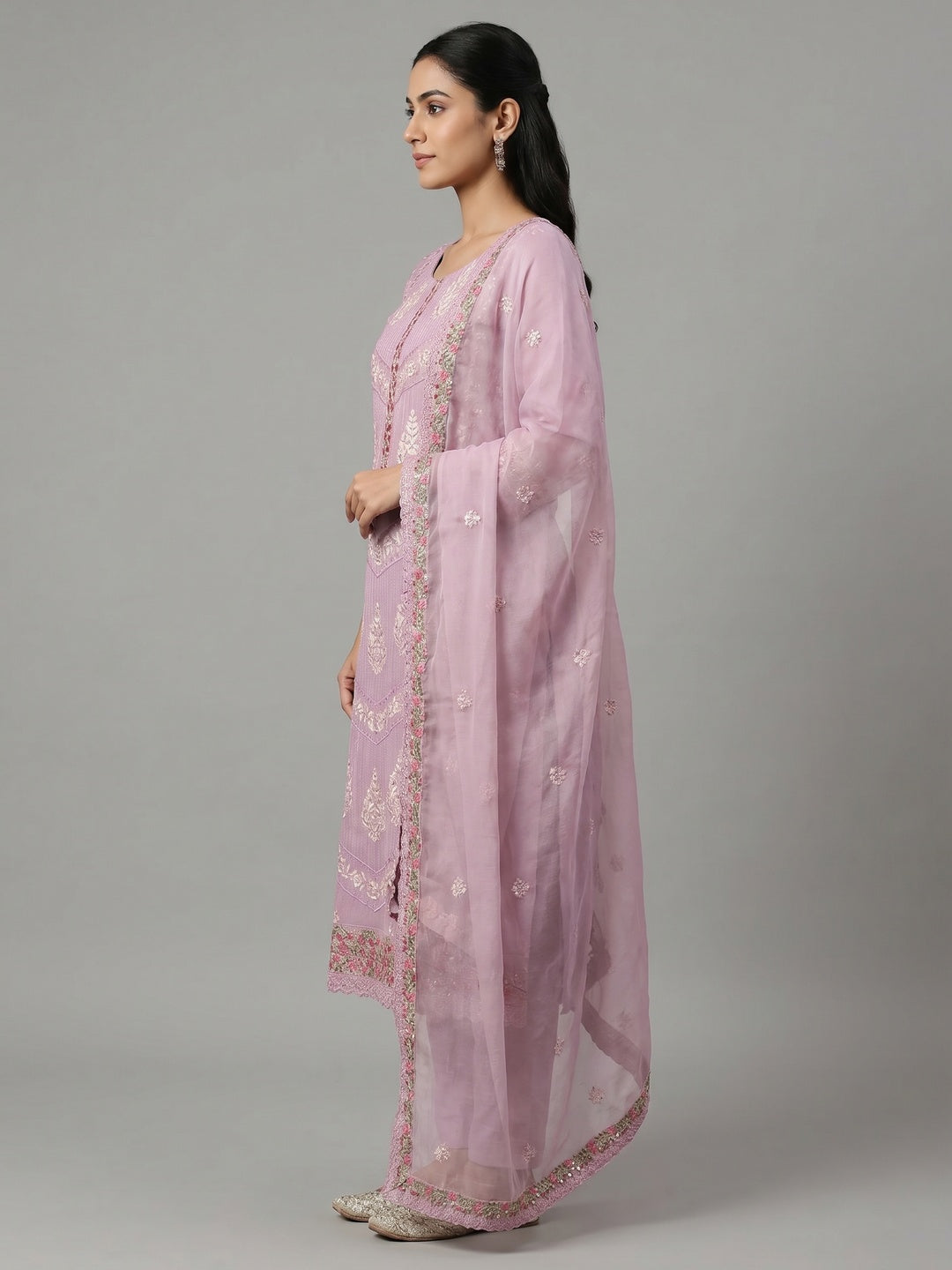 Light Purple Floral Sequins Embroidered Organza Dress Material - Image 2