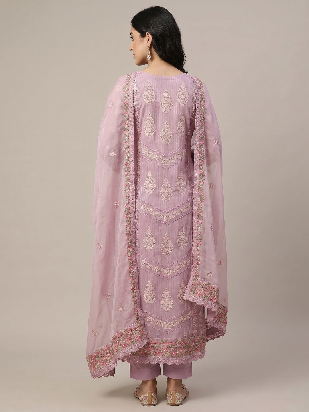 Light Purple Floral Sequins Embroidered Organza Dress Material - Image 3