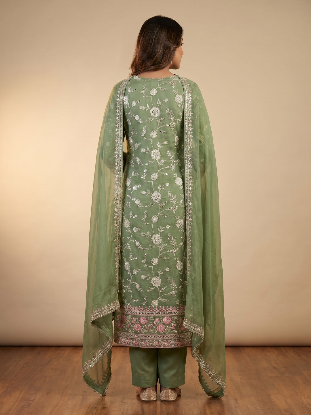 Green Floral Sequins Embroidered Organza Dress Material - Image 3