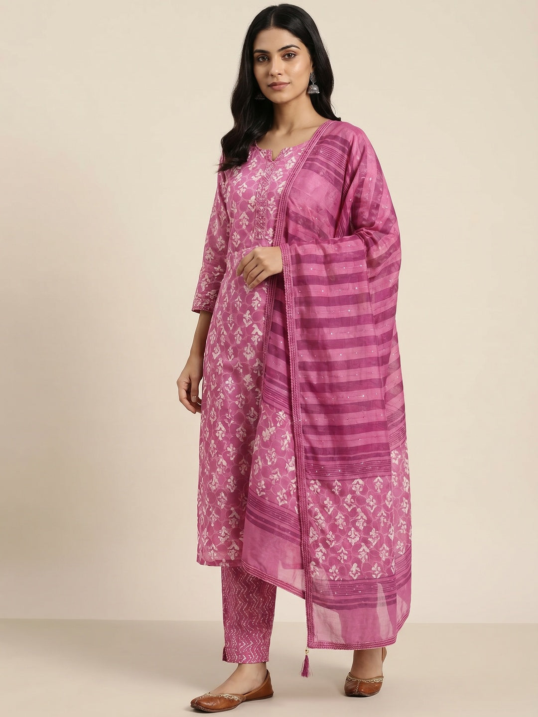Pink Floral Printed Pure Cotton Dress Material - Image 1