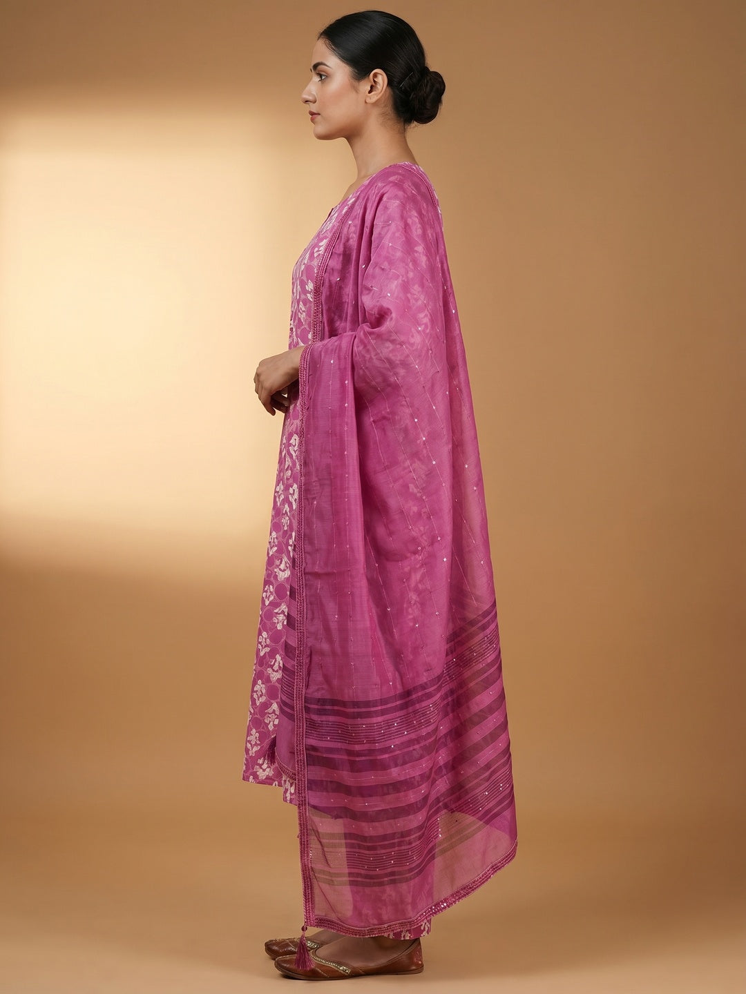 Pink Floral Printed Pure Cotton Dress Material - Image 3
