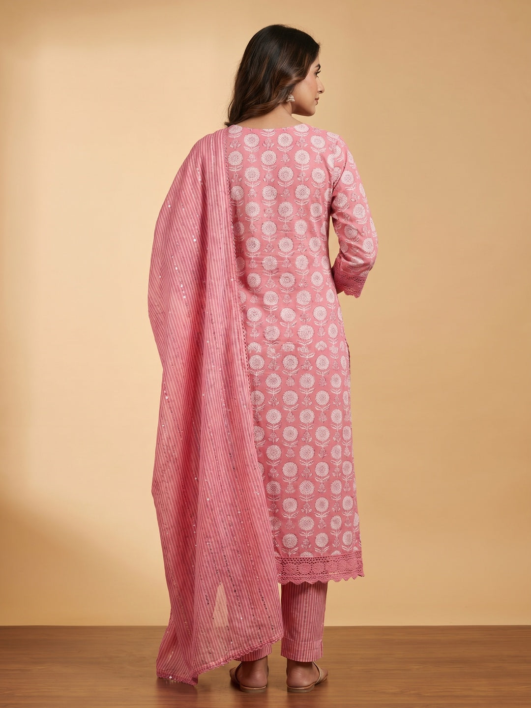 Pink Floral Printed Pure Cotton Dress Material - Image 2