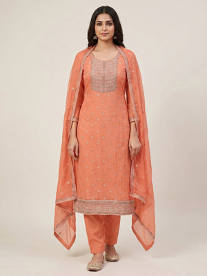Elegant Orange Chiffon Unstitched Dress Material with Exquisite Embroidery - Image 1