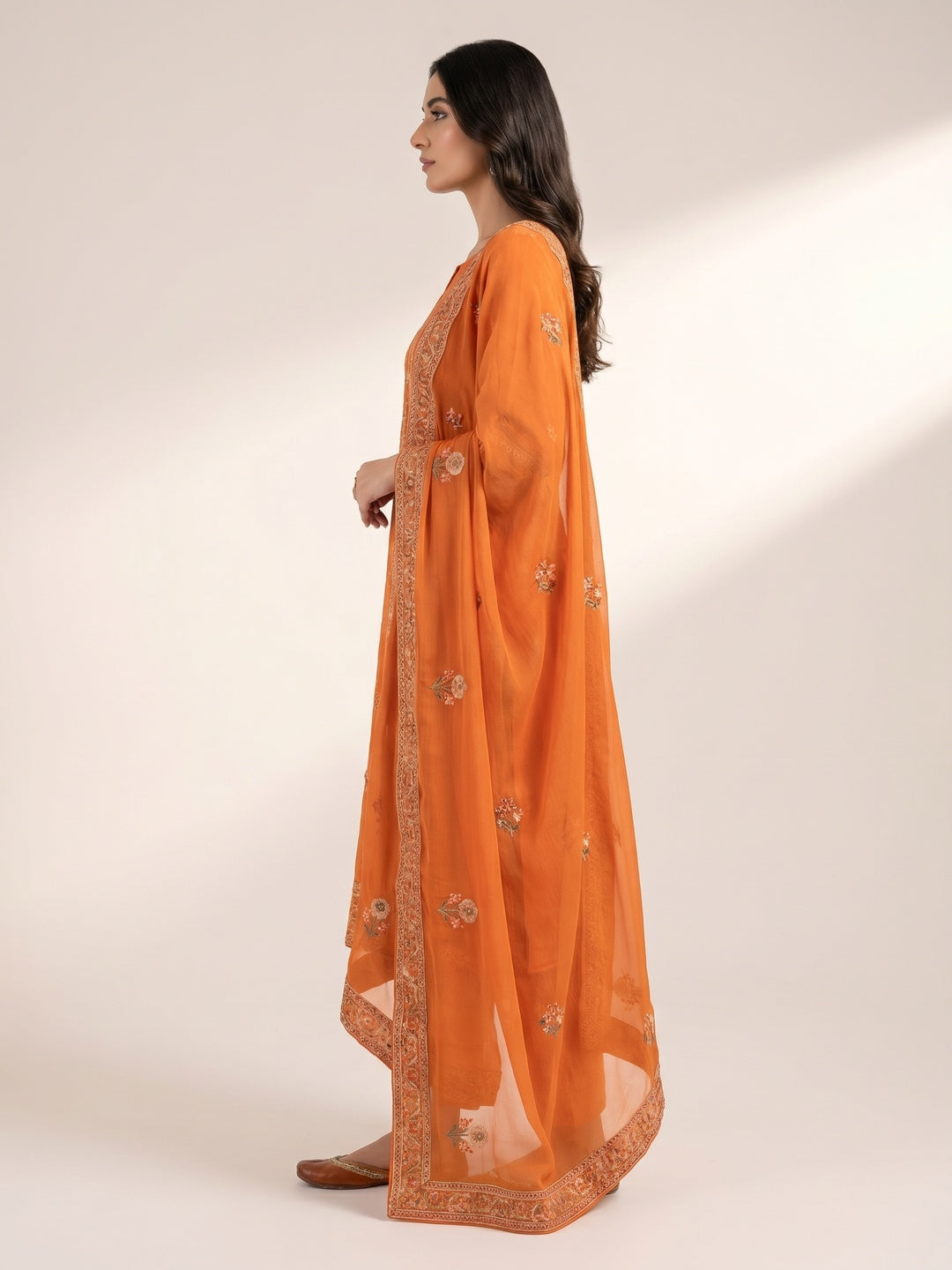 Elegant Orange Chiffon Unstitched Dress Material with Exquisite Embroidery - Image 3