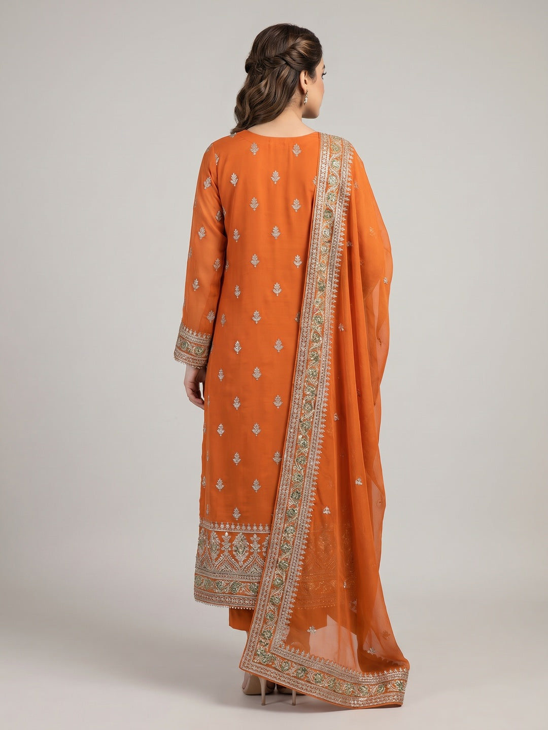 Elegant Orange Chiffon Unstitched Dress Material with Exquisite Embroidery - Image 2