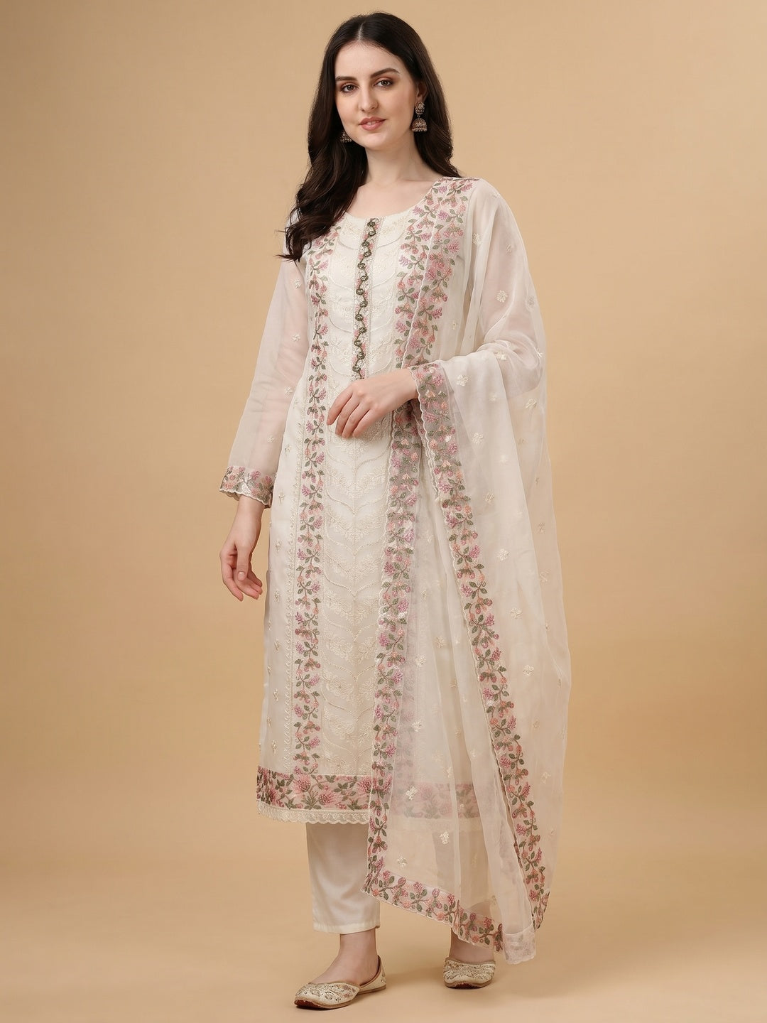 Offwhite Floral Sequins Embroidered Organza Dress Material - Image 1