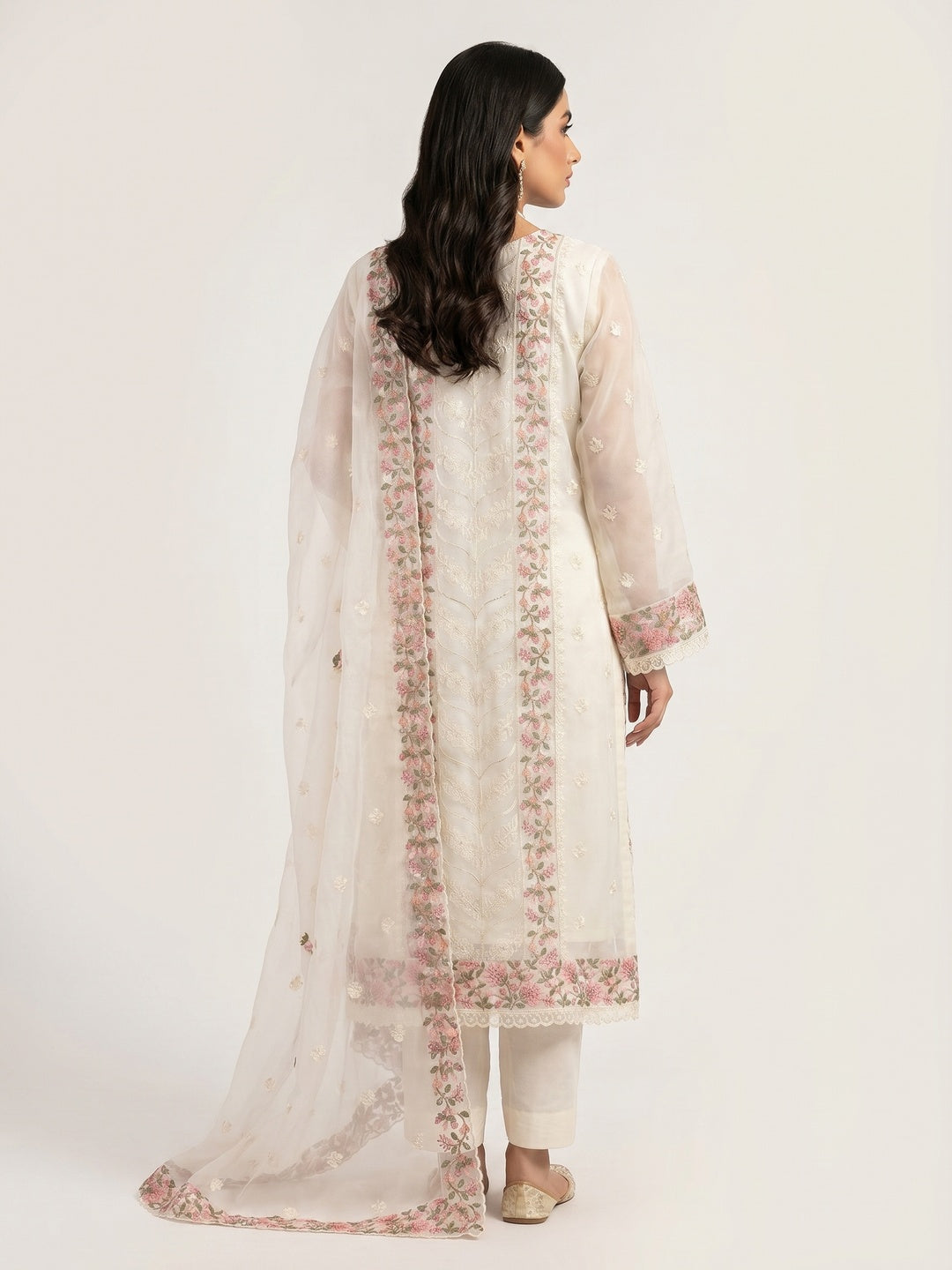 Offwhite Floral Sequins Embroidered Organza Dress Material - Image 2