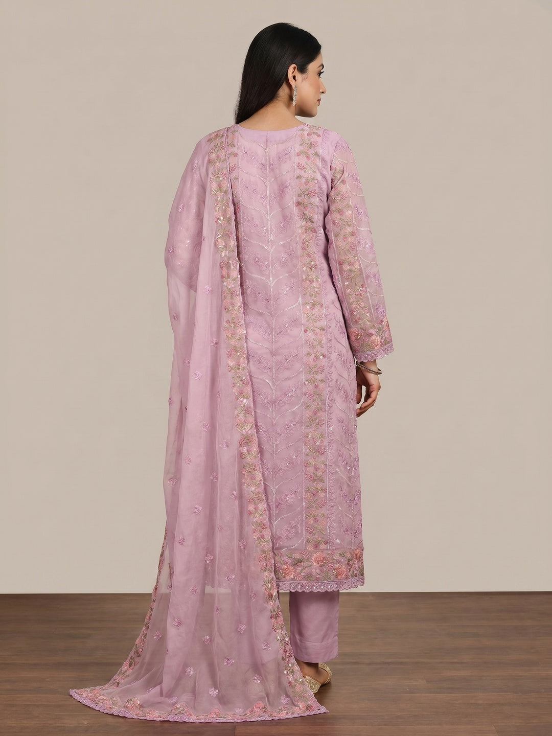 Light Purple Floral Sequins Embroidered Organza Dress Material - Image 2