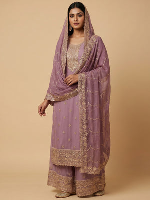 Elegant Purple Chiffon Unstitched Dress Material with Heavy Embroidery - Image 1