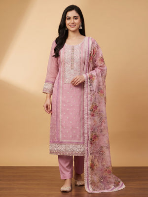 Pink Floral Hand Embroidered Organza Dress Material - Image 1