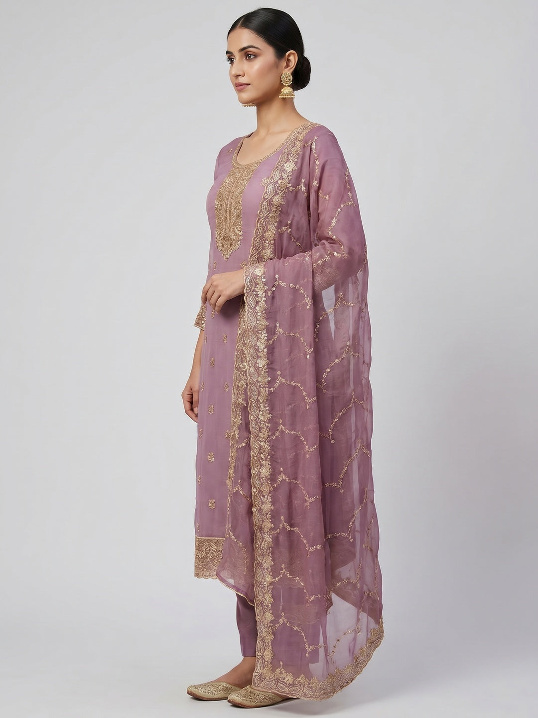 Elegant Purple Chiffon Unstitched Dress Material with Heavy Embroidery - Image 2