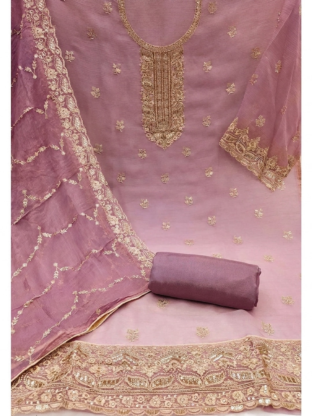 Elegant Purple Chiffon Unstitched Dress Material with Heavy Embroidery - Image 3