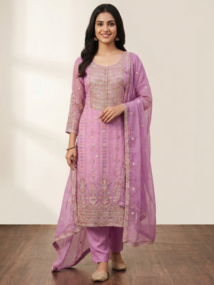 Purple Floral Sequins With Hand Embroidered Chiffon Dress Material - Image 1