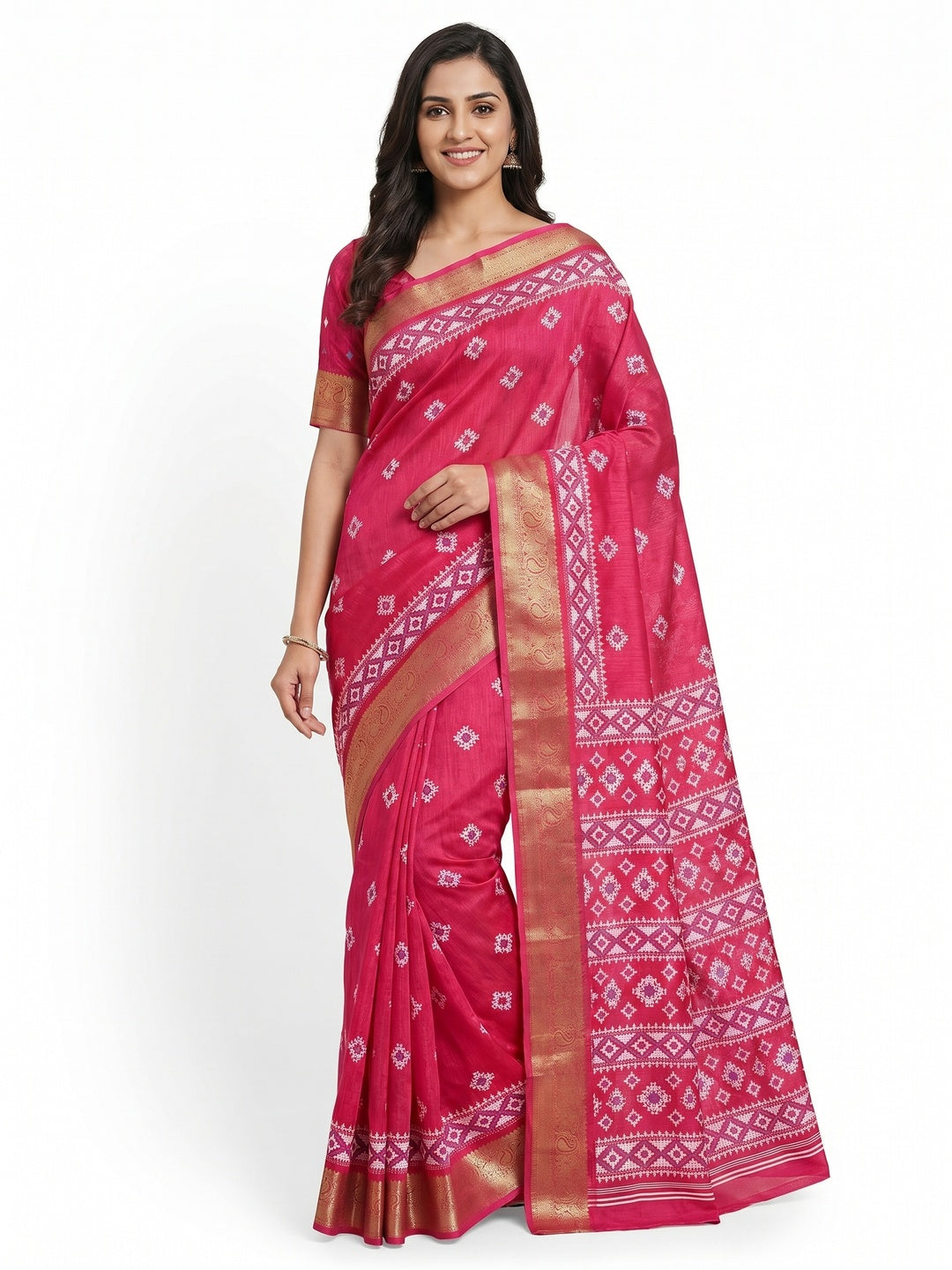 Pink Printed With Weaving Border Pure Cotton Saree - Image 1